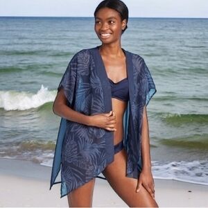 Kona Sol Women's Navy Blue Palms Print Sheer Beach Cover Up S Open Front Tunic
